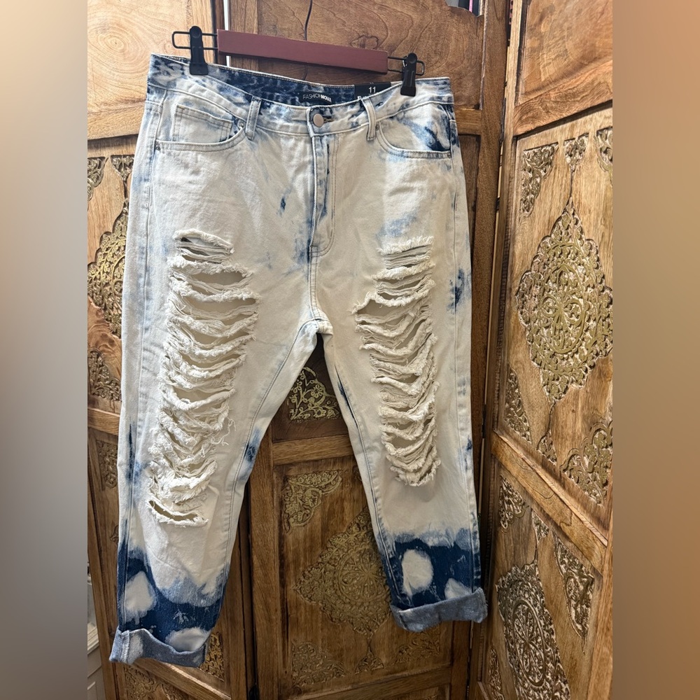 Fashion Nova Distressed Blue and White Jeans